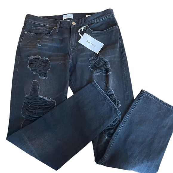 FRAME L’HOMME SLIM FIT MIDRISE BLACK NOIR SHRED‎ JEANS DISTRESSED SZ 33 NEW - Picture 1 of 10